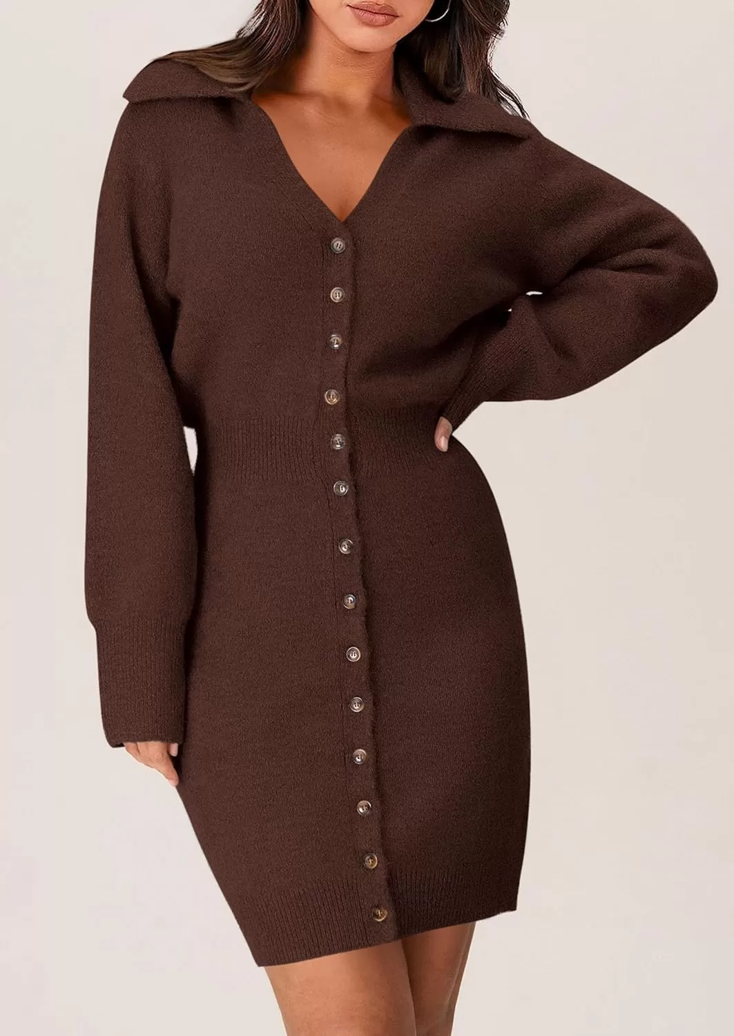 imagePRETTYGARDEN Womens Fall Sweater Dress Long Sleeve V Neck Button Down Knit Pullover Short DressesCoffee