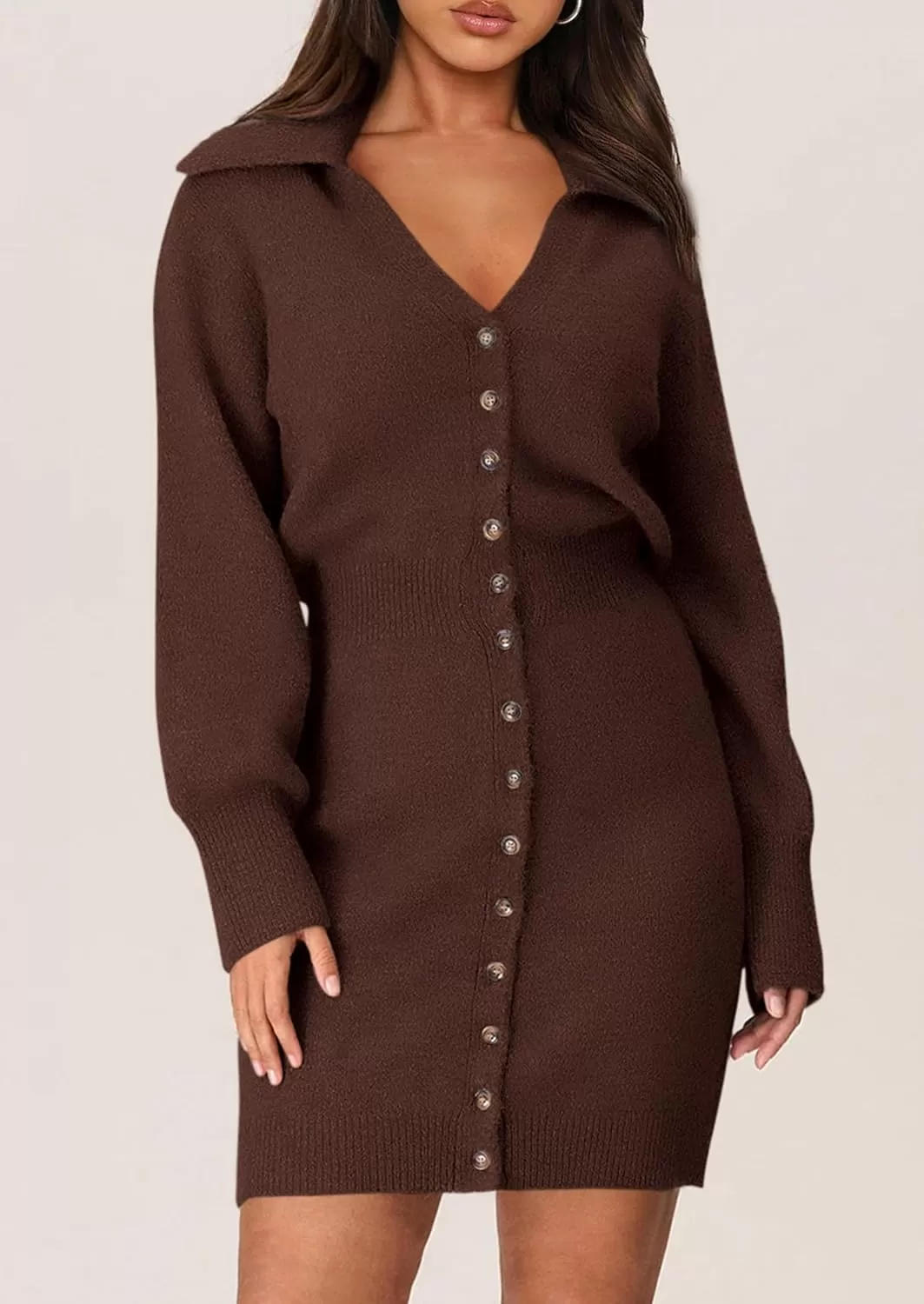 imagePRETTYGARDEN Womens Fall Sweater Dress Long Sleeve V Neck Button Down Knit Pullover Short DressesCoffee