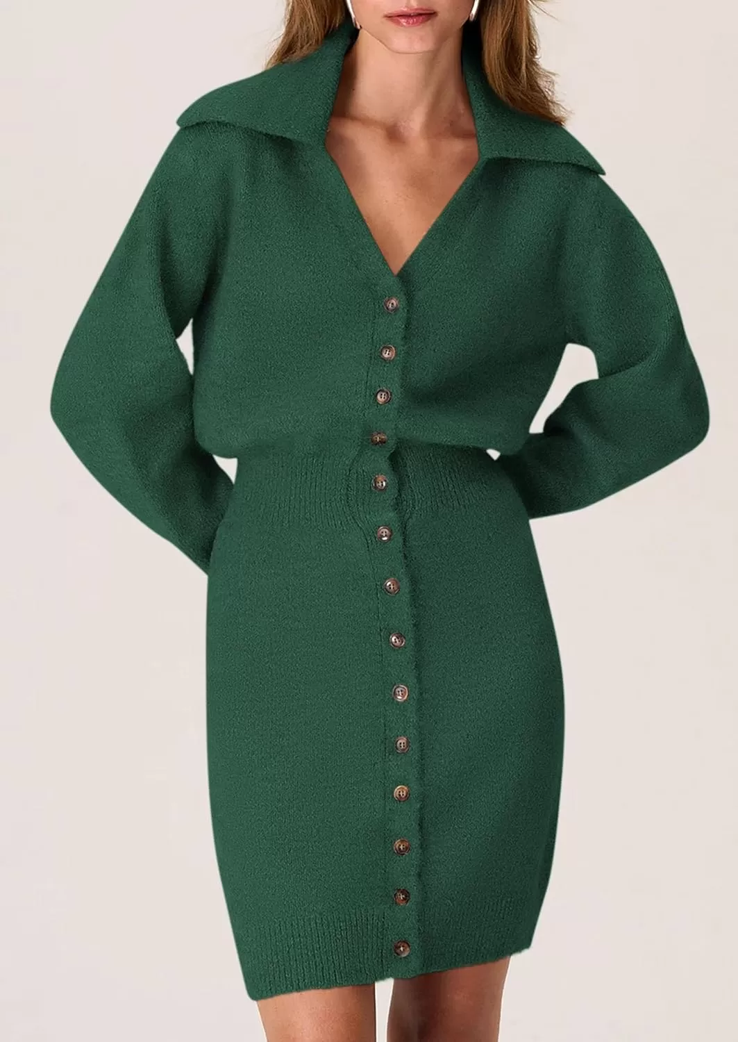 imagePRETTYGARDEN Womens Fall Sweater Dress Long Sleeve V Neck Button Down Knit Pullover Short DressesDark Green