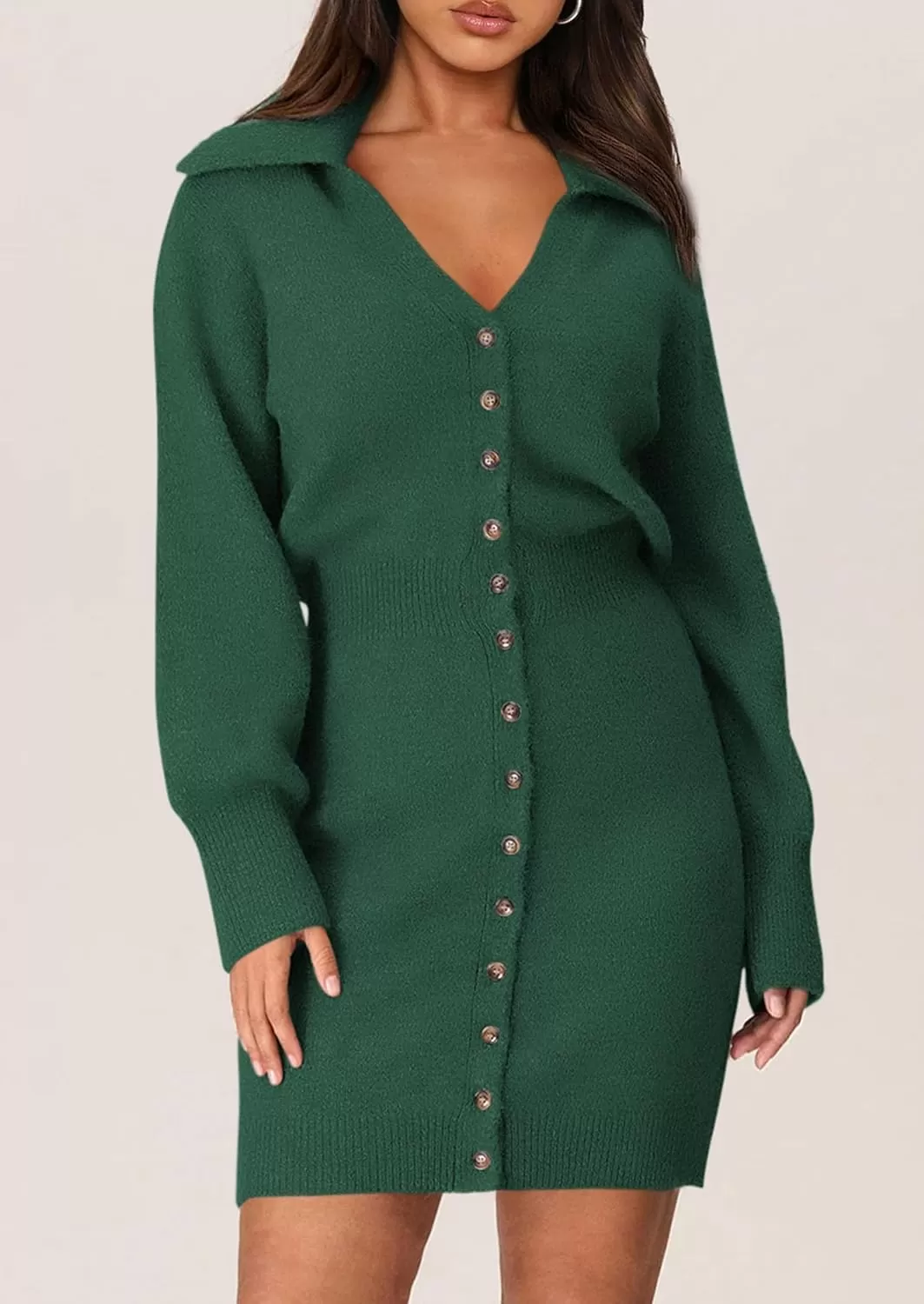 imagePRETTYGARDEN Womens Fall Sweater Dress Long Sleeve V Neck Button Down Knit Pullover Short DressesDark Green