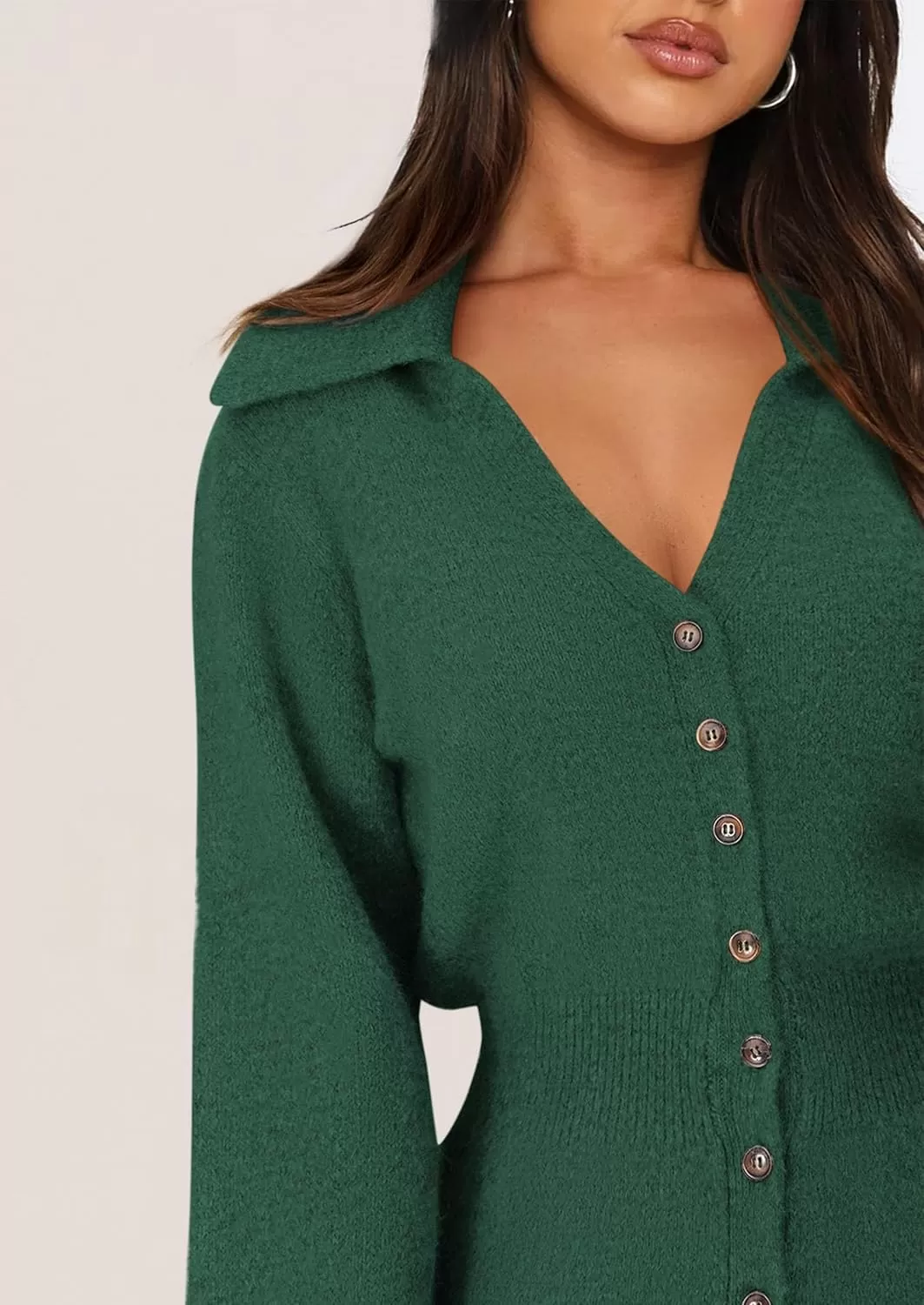 imagePRETTYGARDEN Womens Fall Sweater Dress Long Sleeve V Neck Button Down Knit Pullover Short DressesDark Green