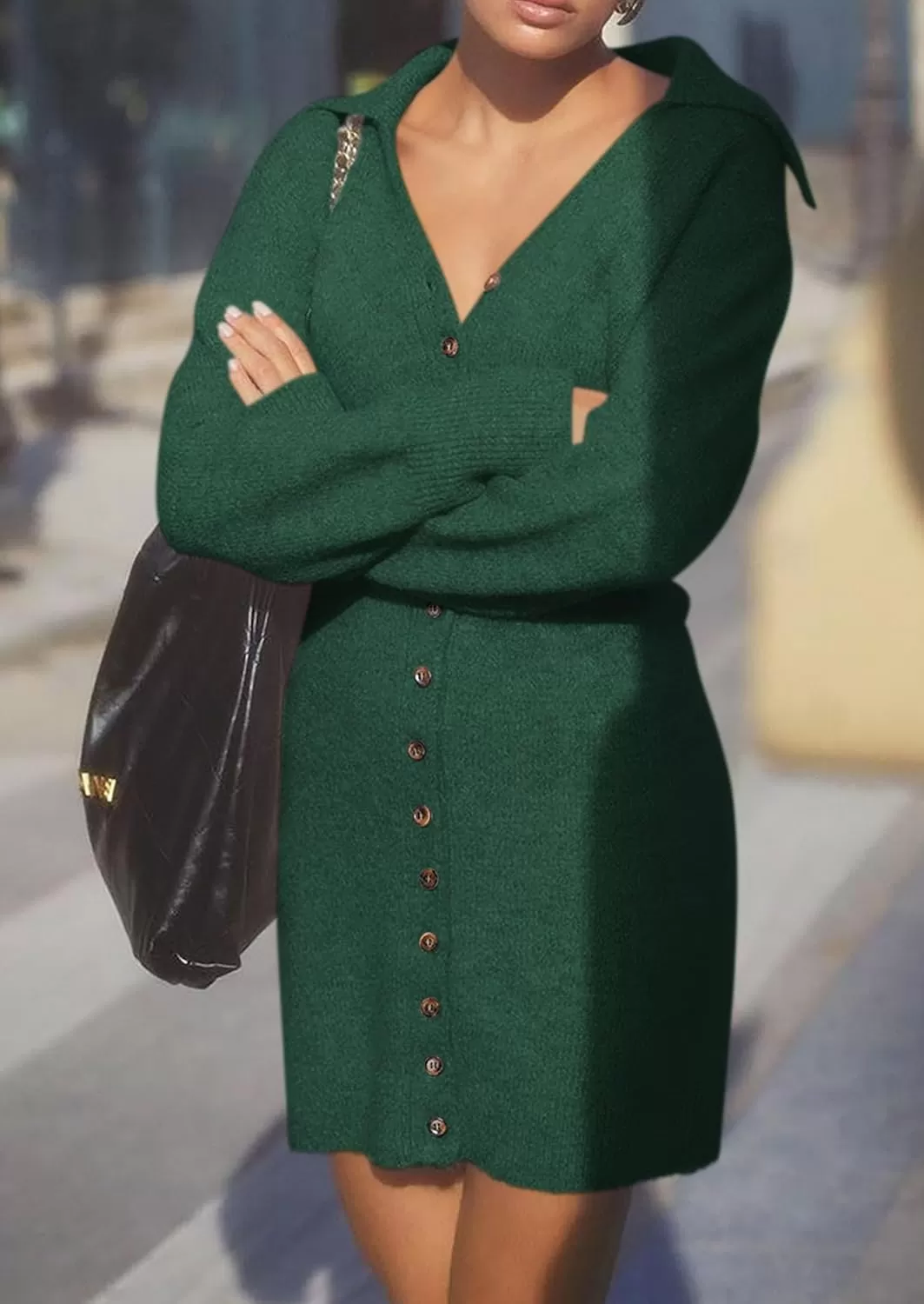 imagePRETTYGARDEN Womens Fall Sweater Dress Long Sleeve V Neck Button Down Knit Pullover Short DressesDark Green