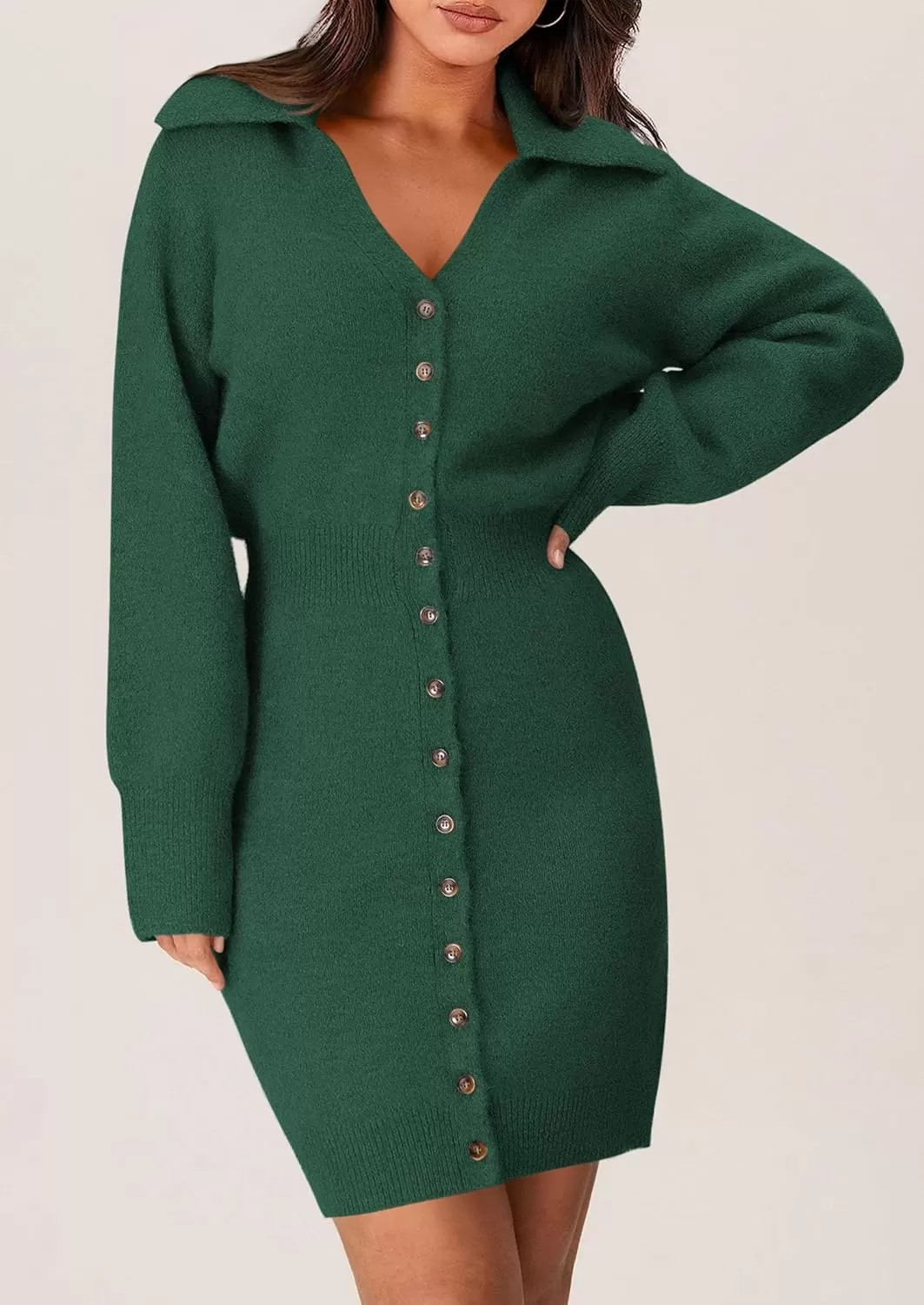 imagePRETTYGARDEN Womens Fall Sweater Dress Long Sleeve V Neck Button Down Knit Pullover Short DressesDark Green