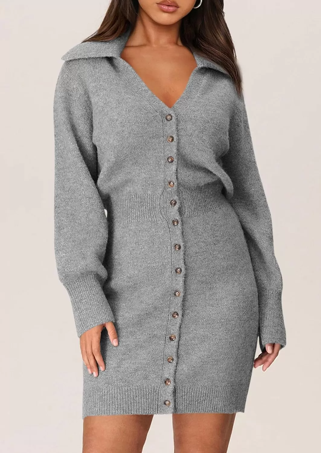imagePRETTYGARDEN Womens Fall Sweater Dress Long Sleeve V Neck Button Down Knit Pullover Short DressesGrey
