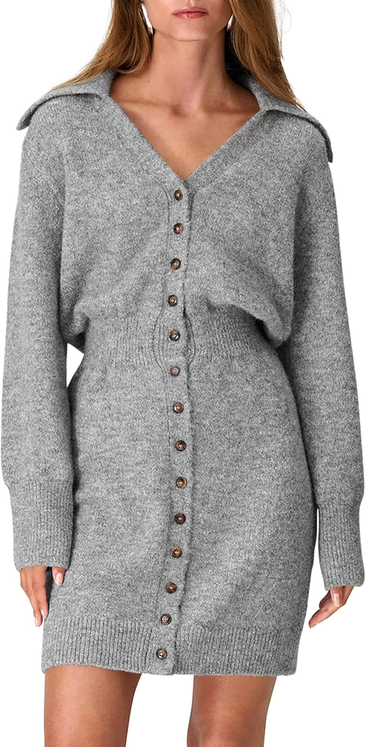 imagePRETTYGARDEN Womens Fall Sweater Dress Long Sleeve V Neck Button Down Knit Pullover Short DressesGrey