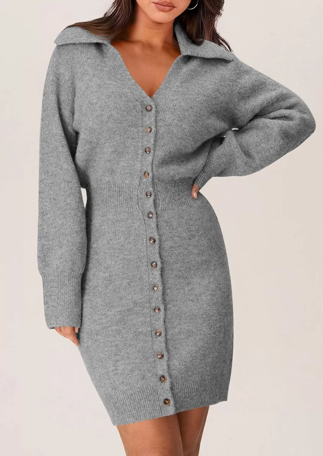 imagePRETTYGARDEN Womens Fall Sweater Dress Long Sleeve V Neck Button Down Knit Pullover Short DressesGrey