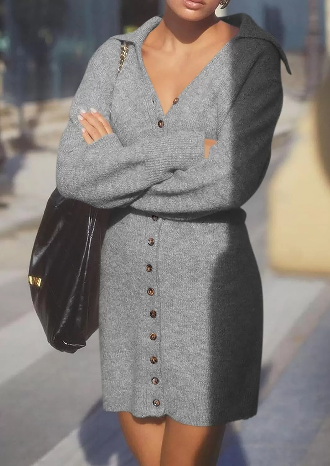imagePRETTYGARDEN Womens Fall Sweater Dress Long Sleeve V Neck Button Down Knit Pullover Short DressesGrey