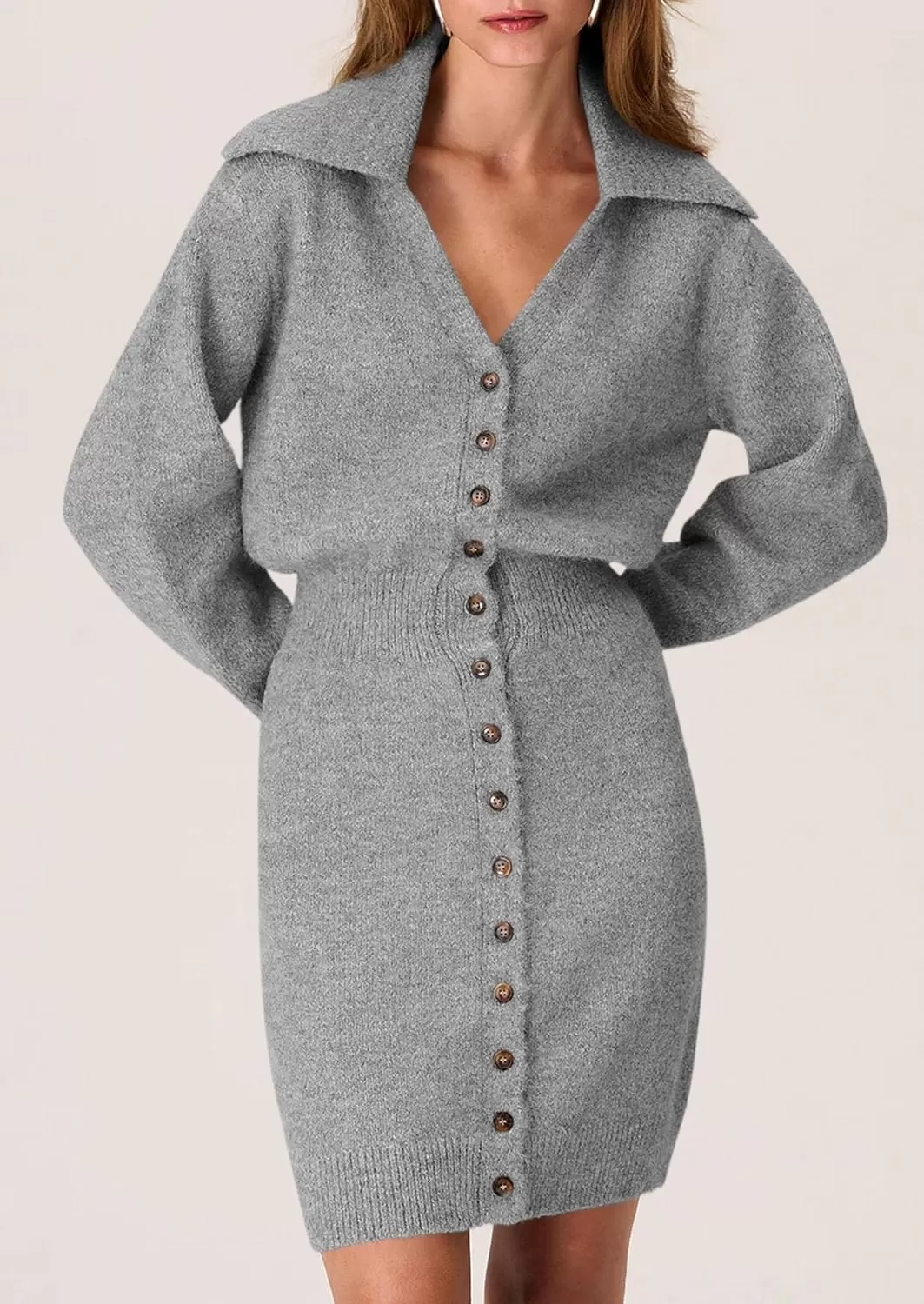 imagePRETTYGARDEN Womens Fall Sweater Dress Long Sleeve V Neck Button Down Knit Pullover Short DressesGrey