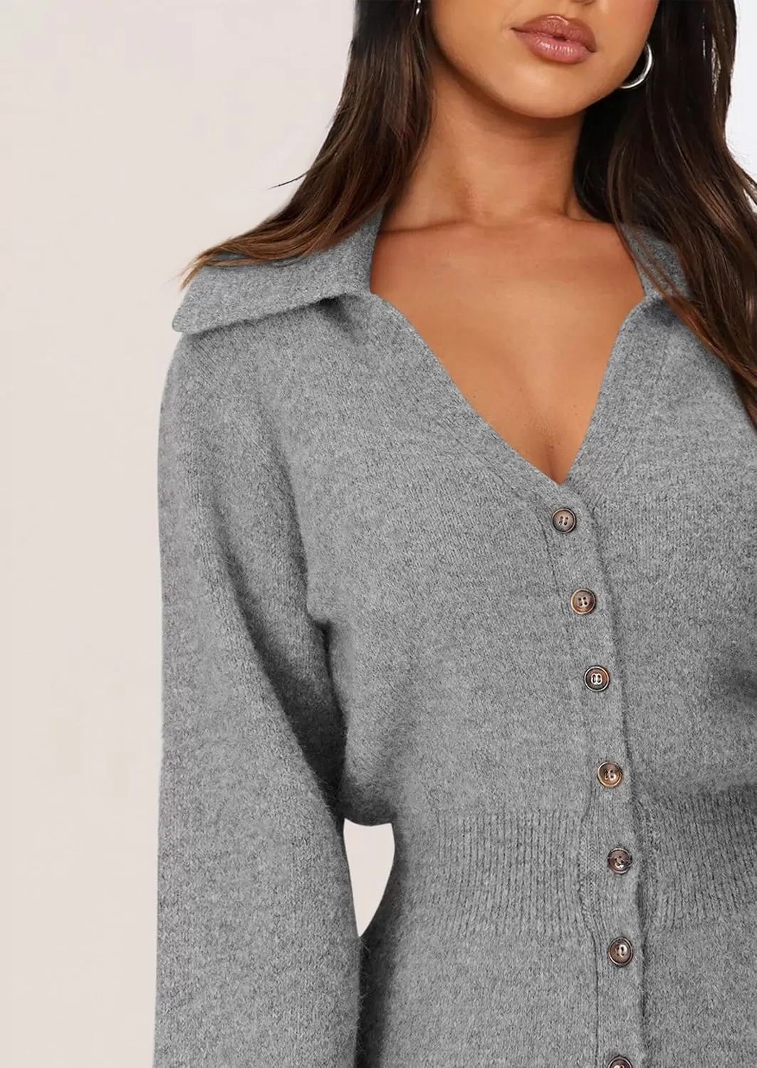 imagePRETTYGARDEN Womens Fall Sweater Dress Long Sleeve V Neck Button Down Knit Pullover Short DressesGrey