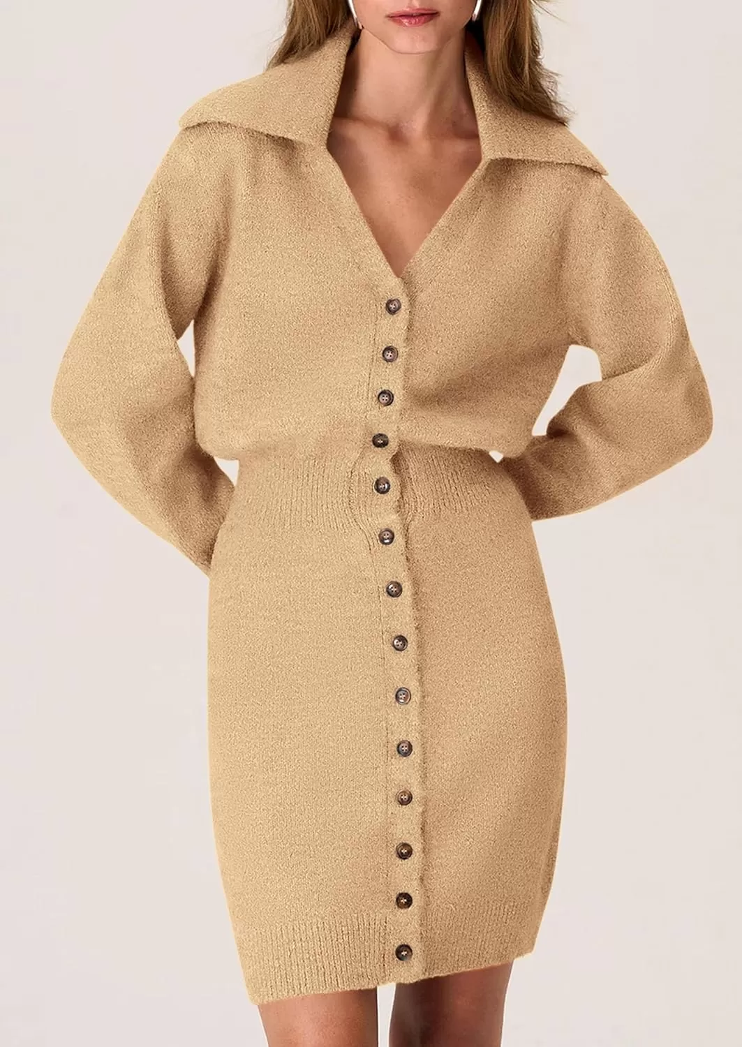 imagePRETTYGARDEN Womens Fall Sweater Dress Long Sleeve V Neck Button Down Knit Pullover Short DressesKhaki