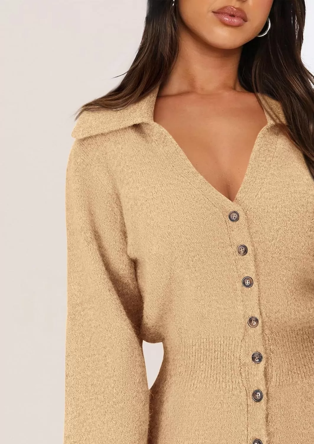 imagePRETTYGARDEN Womens Fall Sweater Dress Long Sleeve V Neck Button Down Knit Pullover Short DressesKhaki
