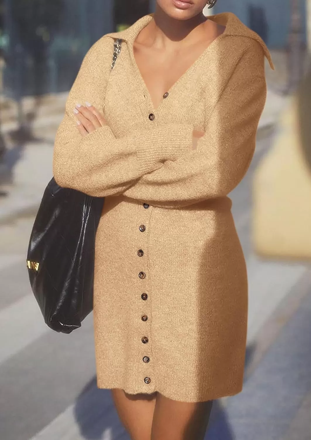 imagePRETTYGARDEN Womens Fall Sweater Dress Long Sleeve V Neck Button Down Knit Pullover Short DressesKhaki