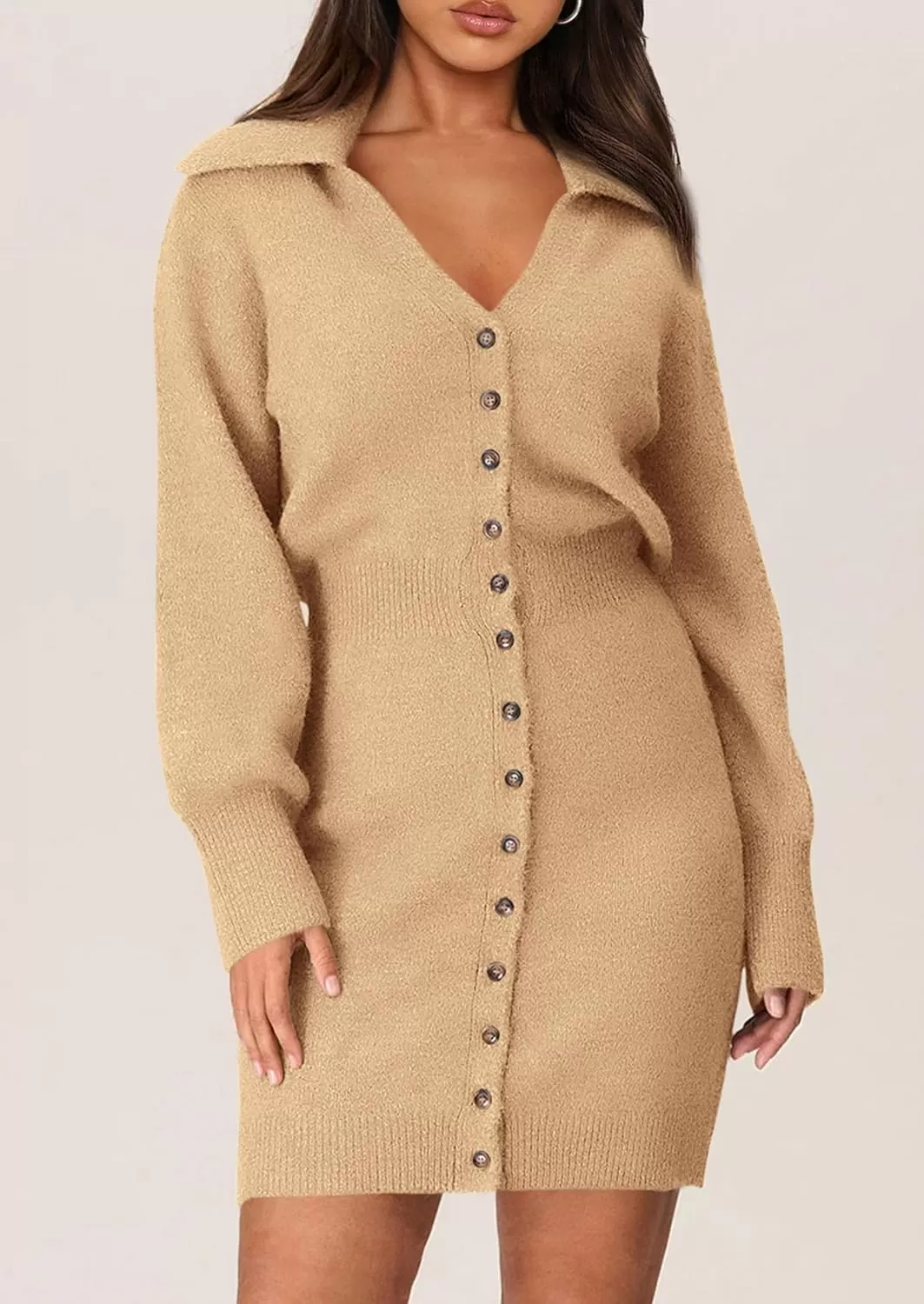 imagePRETTYGARDEN Womens Fall Sweater Dress Long Sleeve V Neck Button Down Knit Pullover Short DressesKhaki