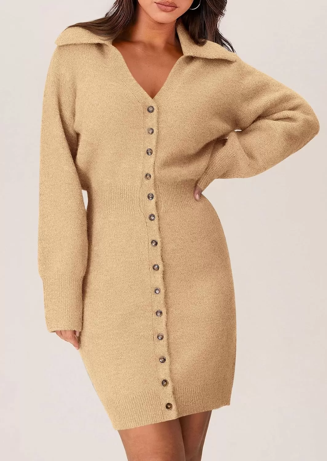 imagePRETTYGARDEN Womens Fall Sweater Dress Long Sleeve V Neck Button Down Knit Pullover Short DressesKhaki
