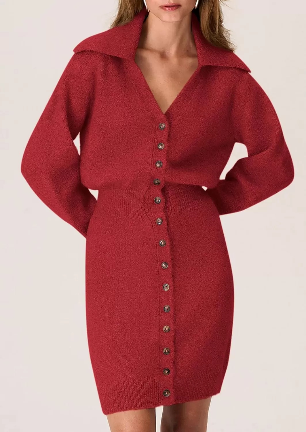 imagePRETTYGARDEN Womens Fall Sweater Dress Long Sleeve V Neck Button Down Knit Pullover Short DressesRed