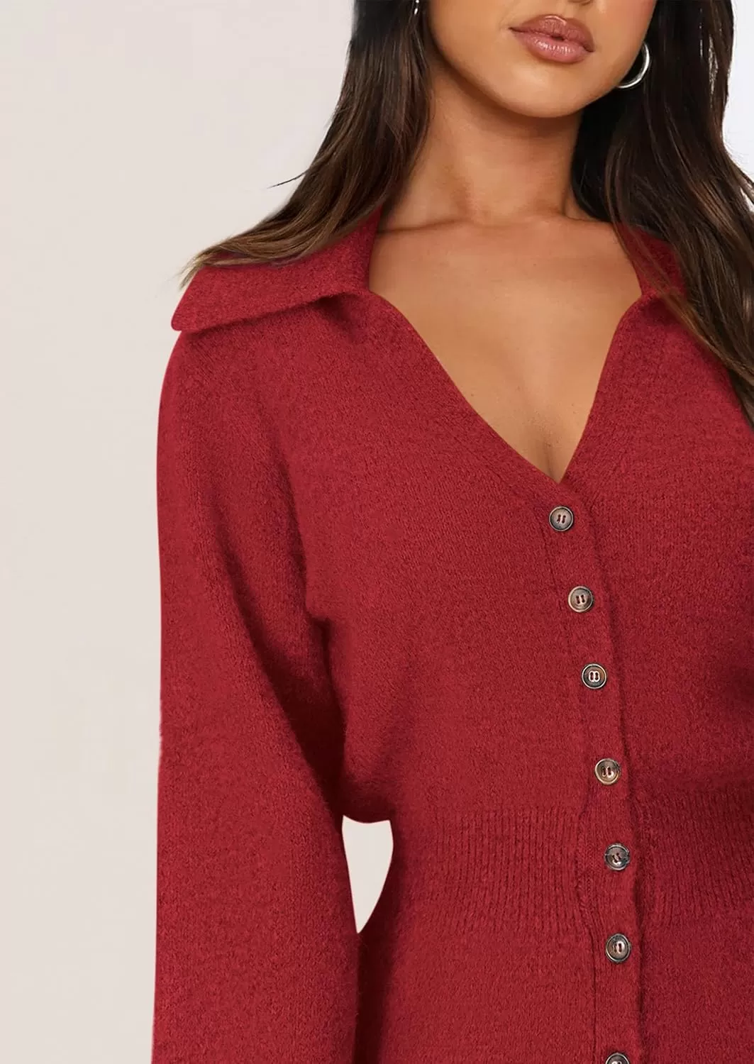 imagePRETTYGARDEN Womens Fall Sweater Dress Long Sleeve V Neck Button Down Knit Pullover Short DressesRed