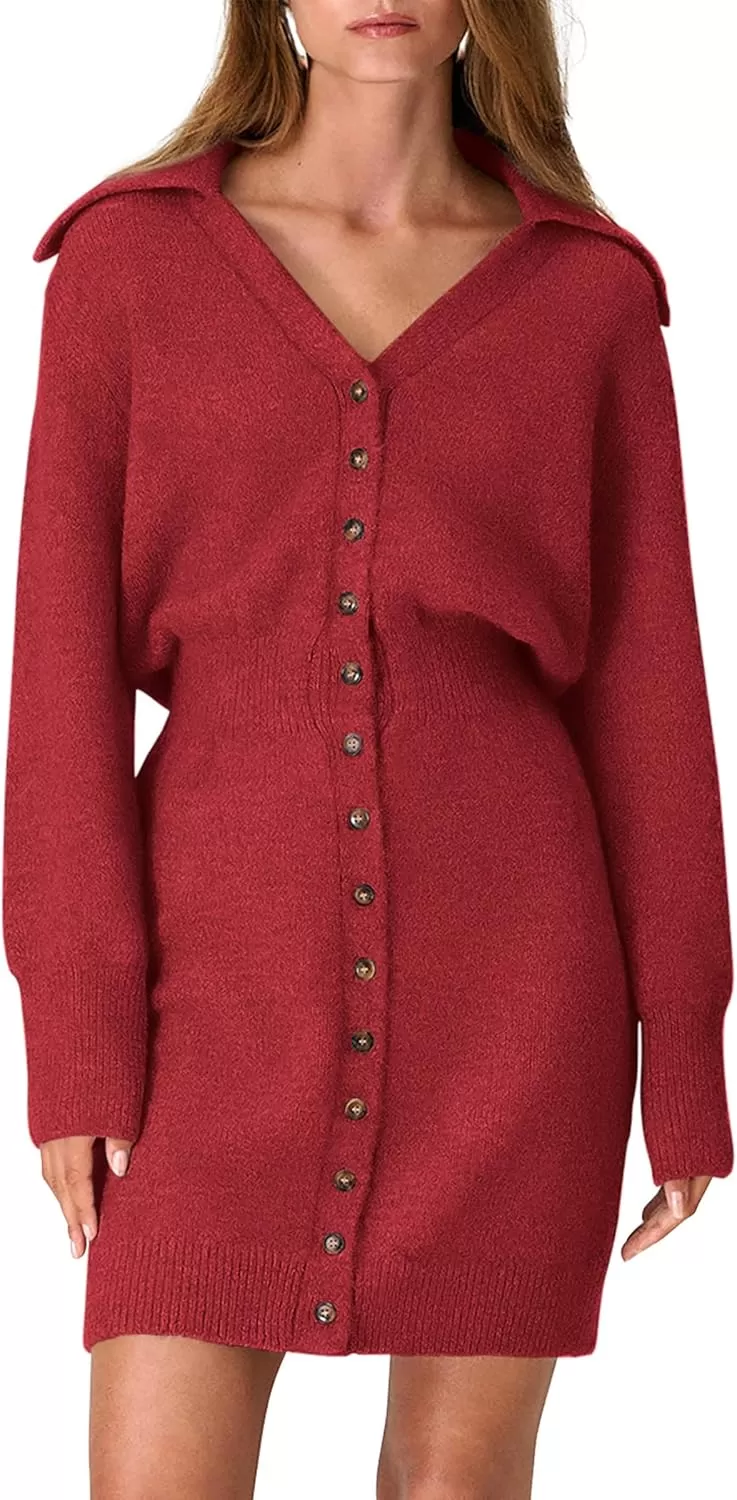 imagePRETTYGARDEN Womens Fall Sweater Dress Long Sleeve V Neck Button Down Knit Pullover Short DressesRed
