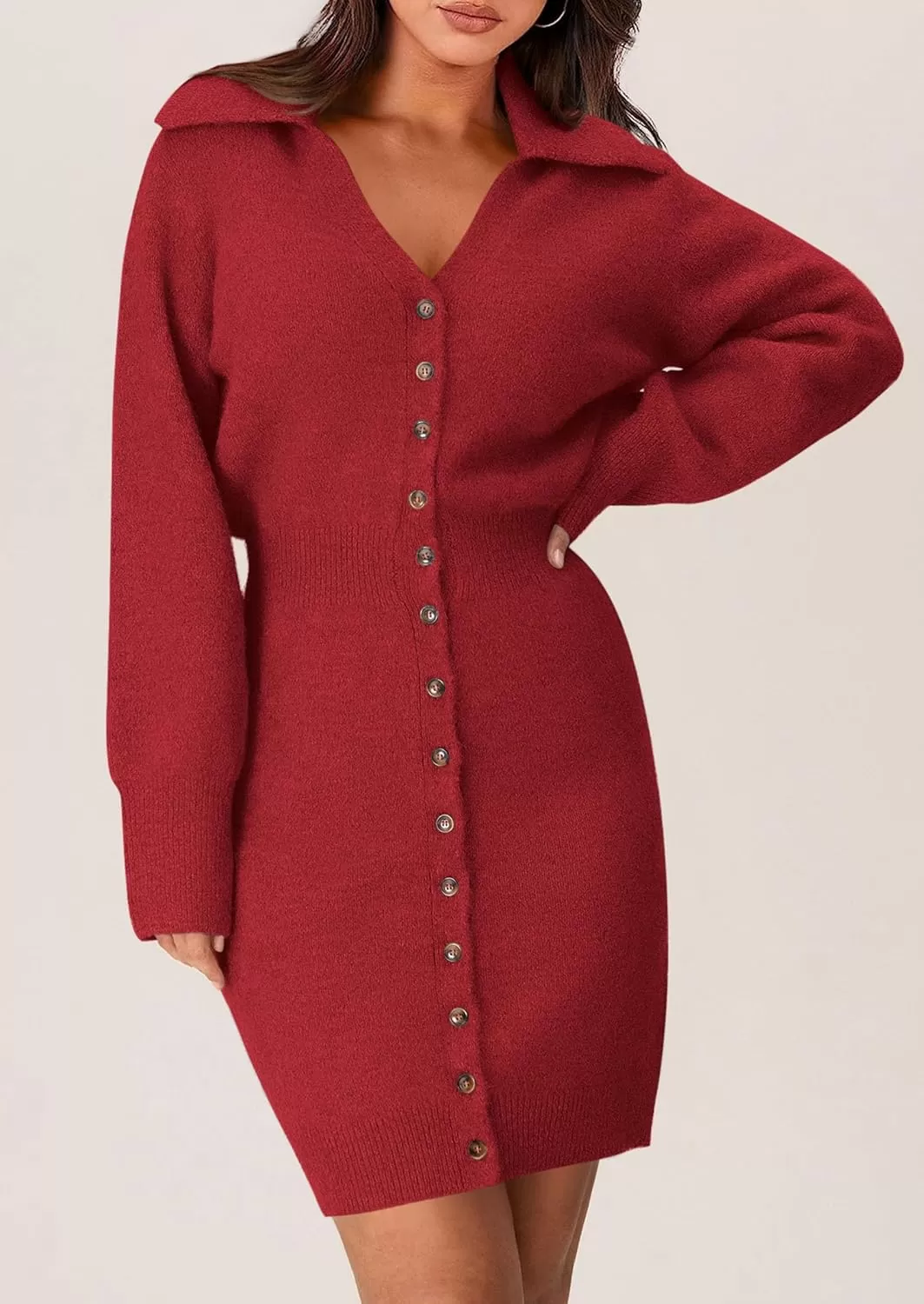 imagePRETTYGARDEN Womens Fall Sweater Dress Long Sleeve V Neck Button Down Knit Pullover Short DressesRed