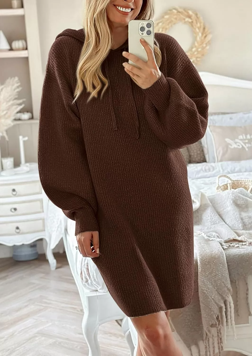 imagePRETTYGARDEN Womens Knit Pullover Sweaters 2024 Fall Fashion Clothes Long Sleeve Winter Hoodie Sweater DressBrown