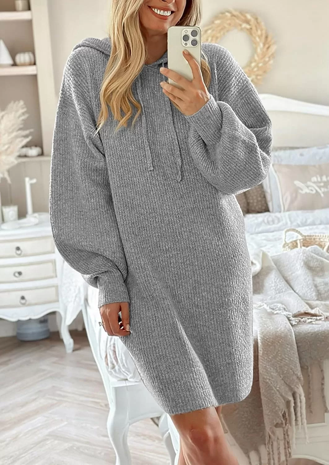 imagePRETTYGARDEN Womens Knit Pullover Sweaters 2024 Fall Fashion Clothes Long Sleeve Winter Hoodie Sweater DressGrey