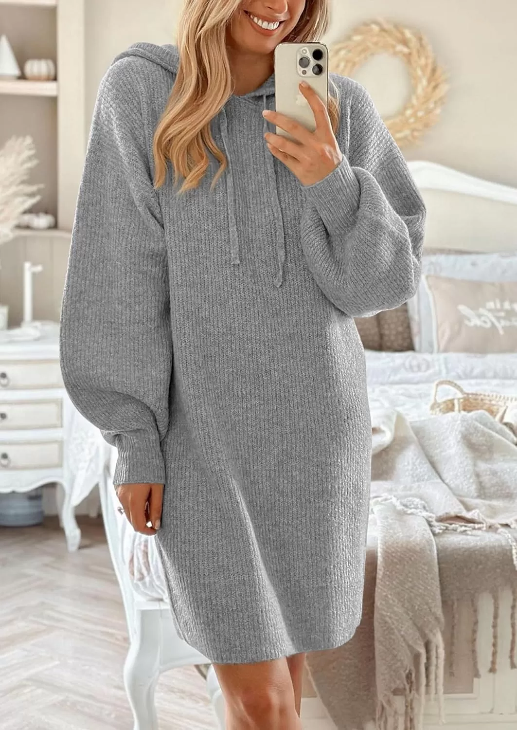 imagePRETTYGARDEN Womens Knit Pullover Sweaters 2024 Fall Fashion Clothes Long Sleeve Winter Hoodie Sweater DressGrey