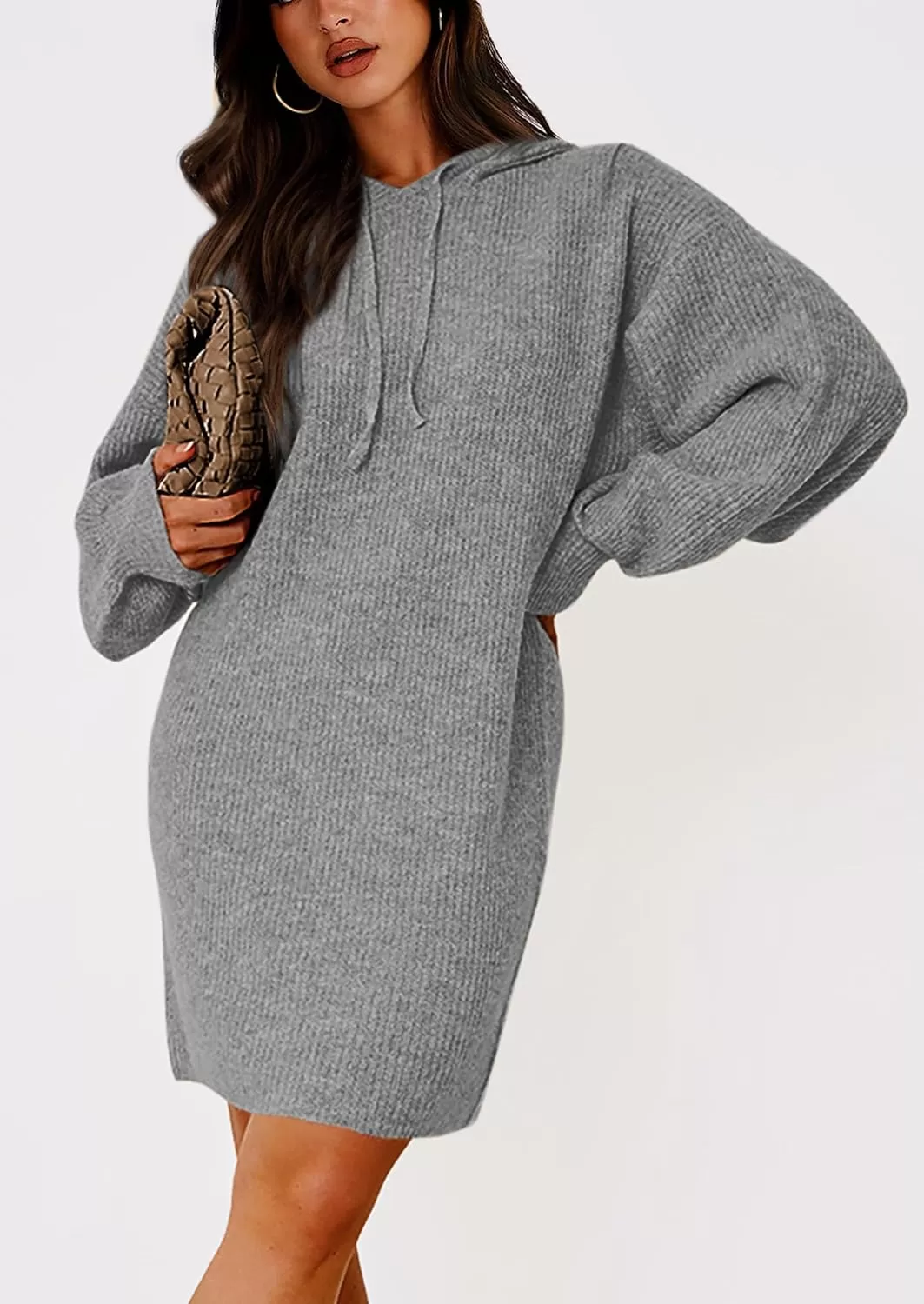 imagePRETTYGARDEN Womens Knit Pullover Sweaters 2024 Fall Fashion Clothes Long Sleeve Winter Hoodie Sweater DressGrey
