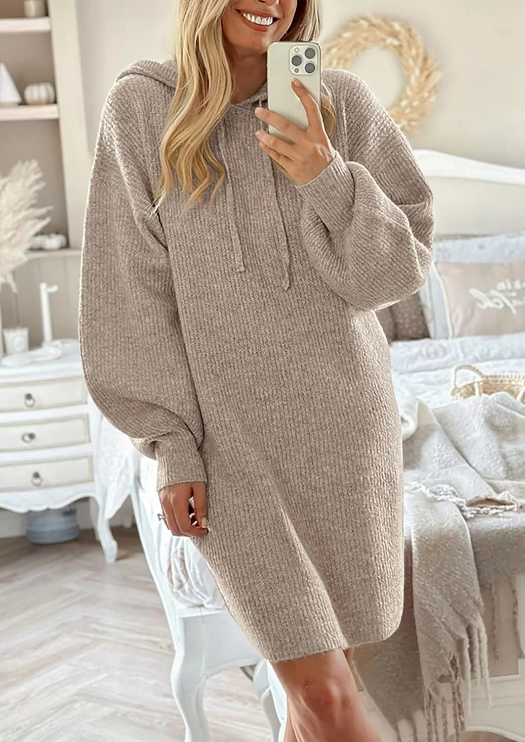 imagePRETTYGARDEN Womens Knit Pullover Sweaters 2024 Fall Fashion Clothes Long Sleeve Winter Hoodie Sweater DressKhaki