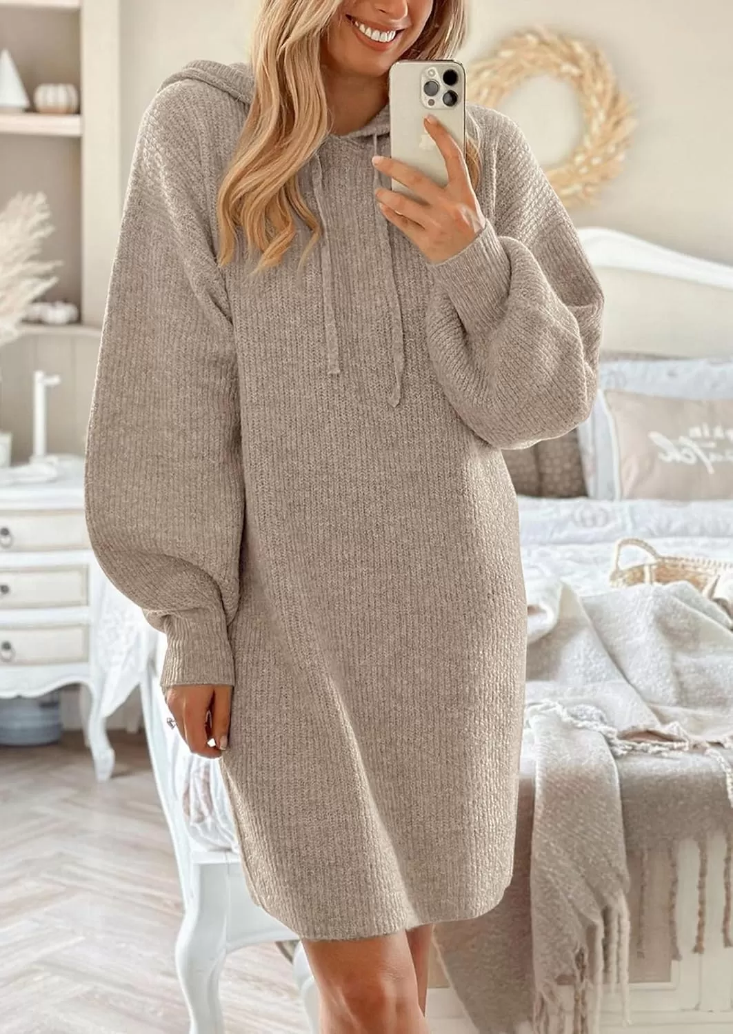 imagePRETTYGARDEN Womens Knit Pullover Sweaters 2024 Fall Fashion Clothes Long Sleeve Winter Hoodie Sweater DressKhaki