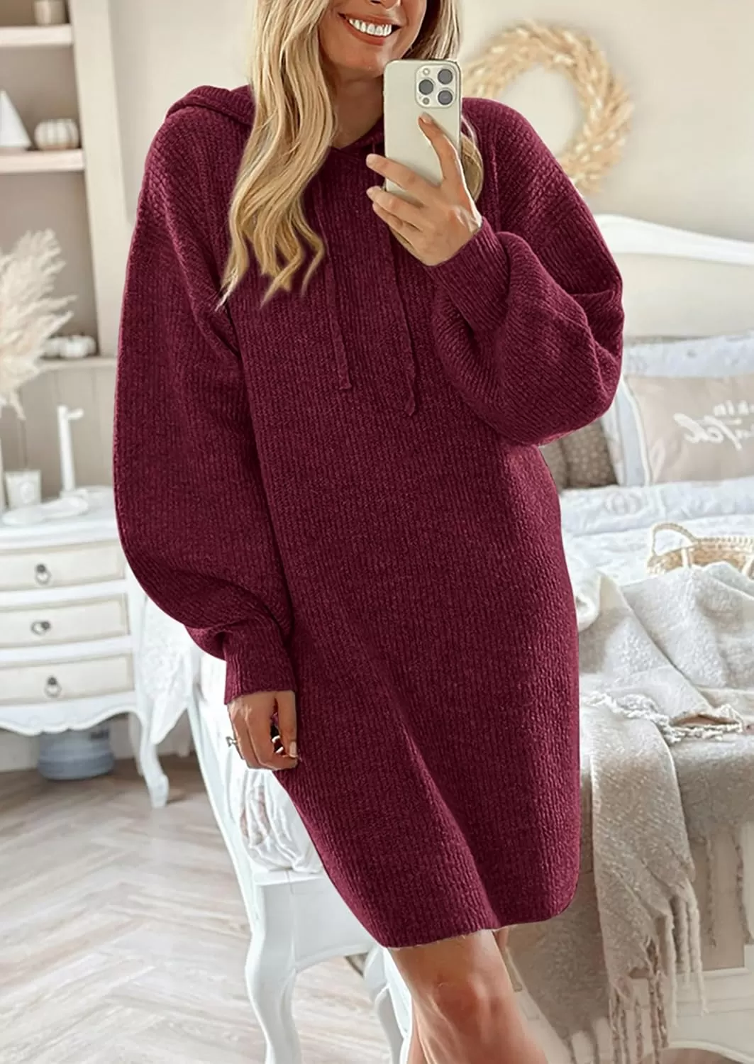 imagePRETTYGARDEN Womens Knit Pullover Sweaters 2024 Fall Fashion Clothes Long Sleeve Winter Hoodie Sweater DressWine Red