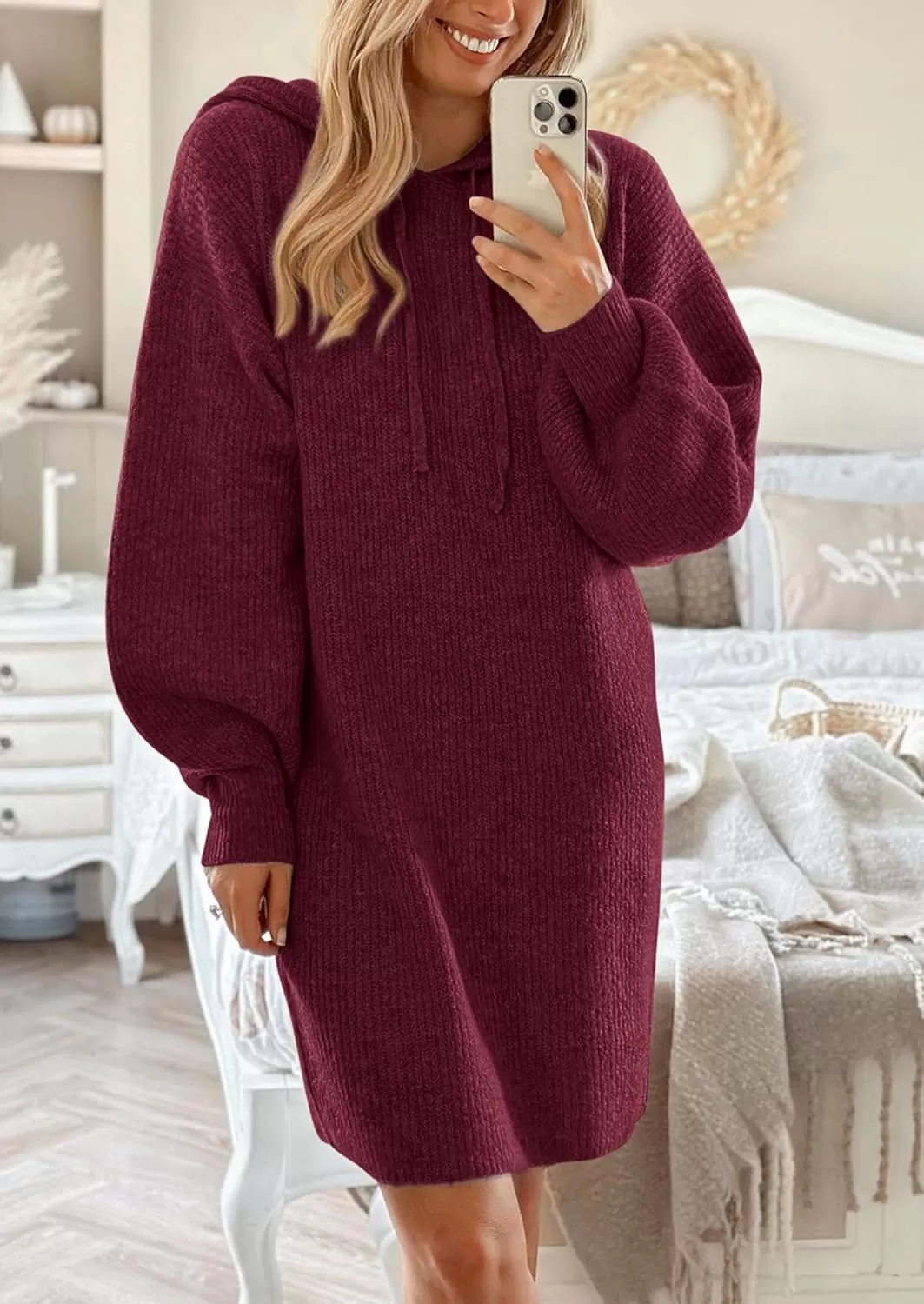imagePRETTYGARDEN Womens Knit Pullover Sweaters 2024 Fall Fashion Clothes Long Sleeve Winter Hoodie Sweater DressWine Red