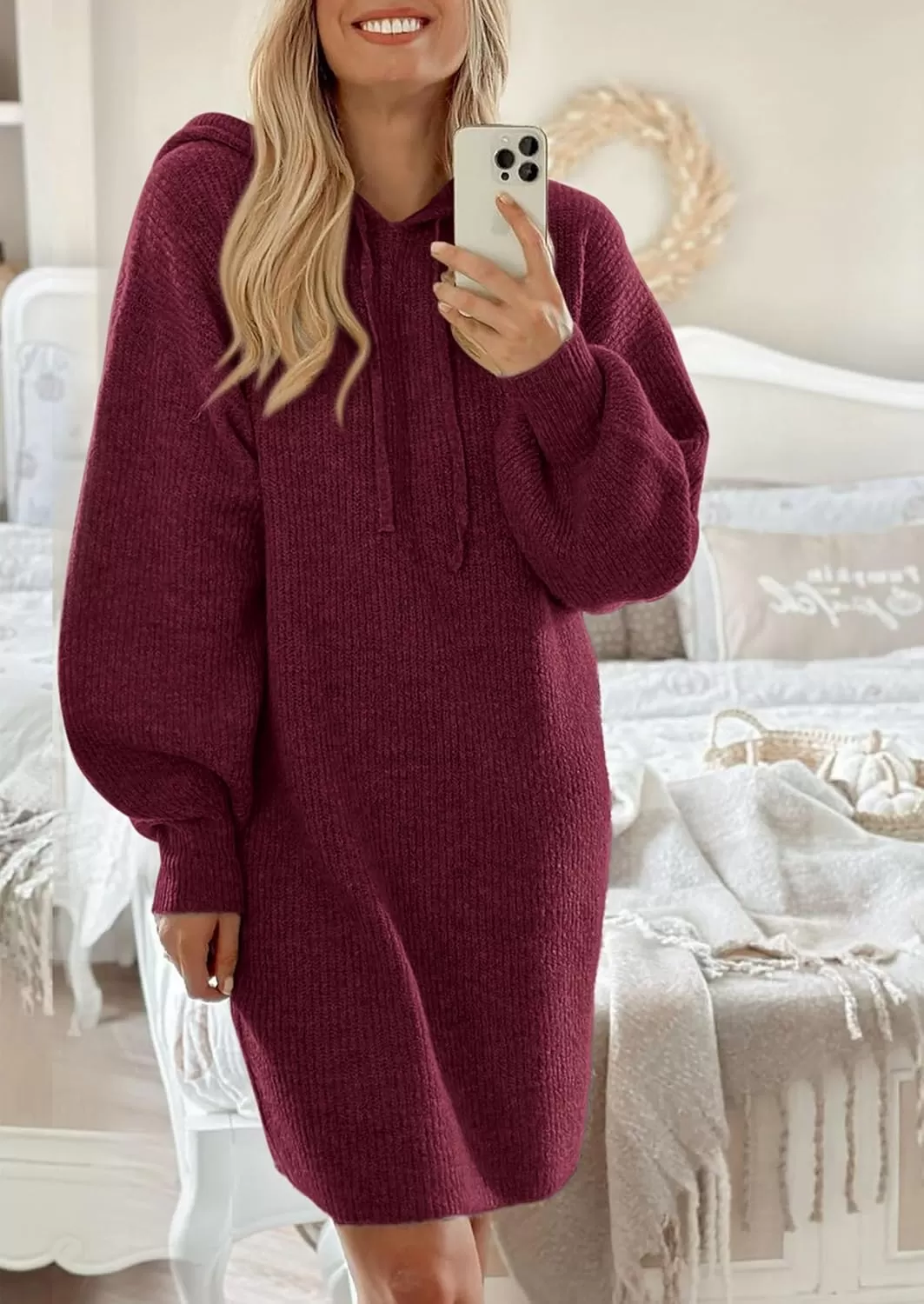 imagePRETTYGARDEN Womens Knit Pullover Sweaters 2024 Fall Fashion Clothes Long Sleeve Winter Hoodie Sweater DressWine Red