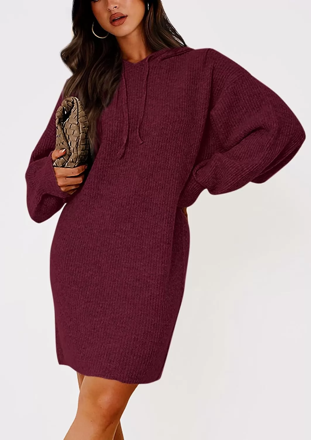 imagePRETTYGARDEN Womens Knit Pullover Sweaters 2024 Fall Fashion Clothes Long Sleeve Winter Hoodie Sweater DressWine Red