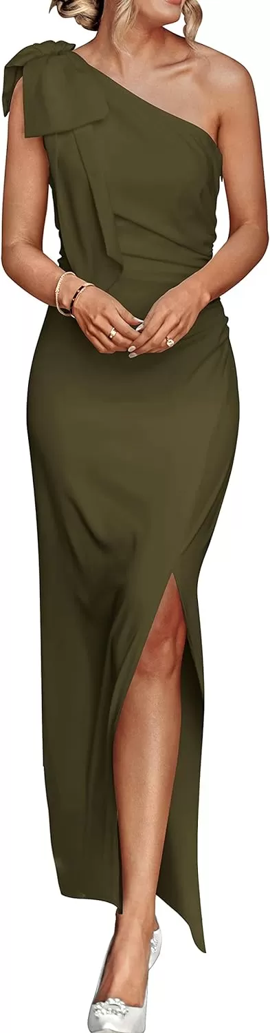 imagePRETTYGARDEN Womens Summer One Shoulder Long Formal Dresses Sleeveless Ruched Bodycon Wedding Guest Slit Maxi DressArmy Green