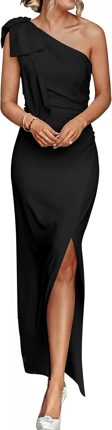 imagePRETTYGARDEN Womens Summer One Shoulder Long Formal Dresses Sleeveless Ruched Bodycon Wedding Guest Slit Maxi DressBlack