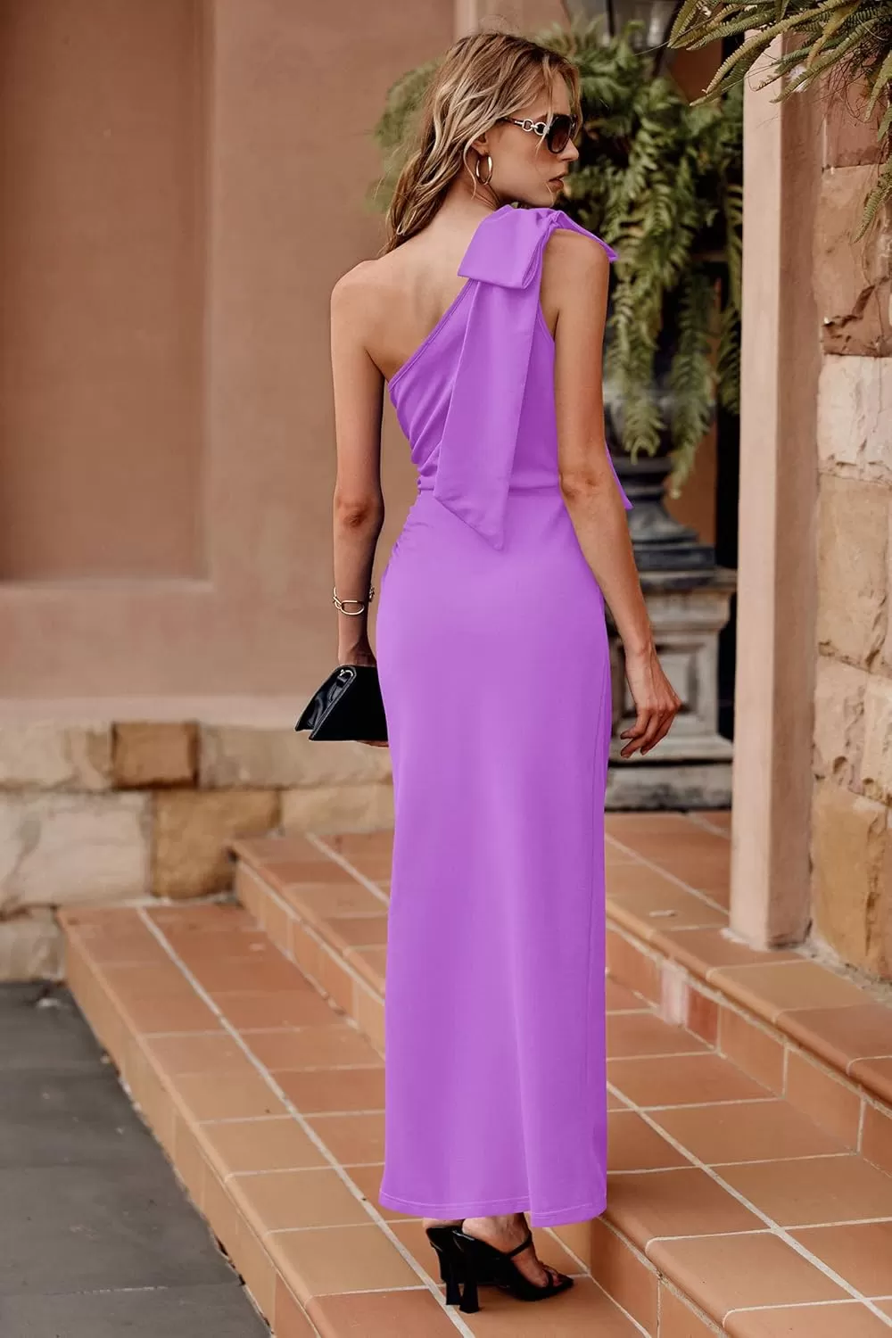 imagePRETTYGARDEN Womens Summer One Shoulder Long Formal Dresses Sleeveless Ruched Bodycon Wedding Guest Slit Maxi DressBright Purple