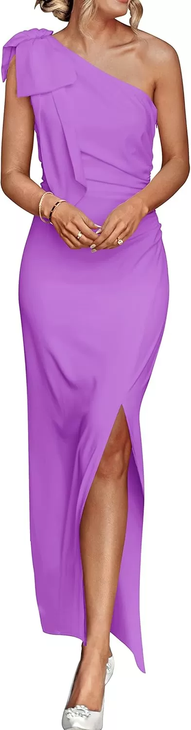 imagePRETTYGARDEN Womens Summer One Shoulder Long Formal Dresses Sleeveless Ruched Bodycon Wedding Guest Slit Maxi DressBright Purple