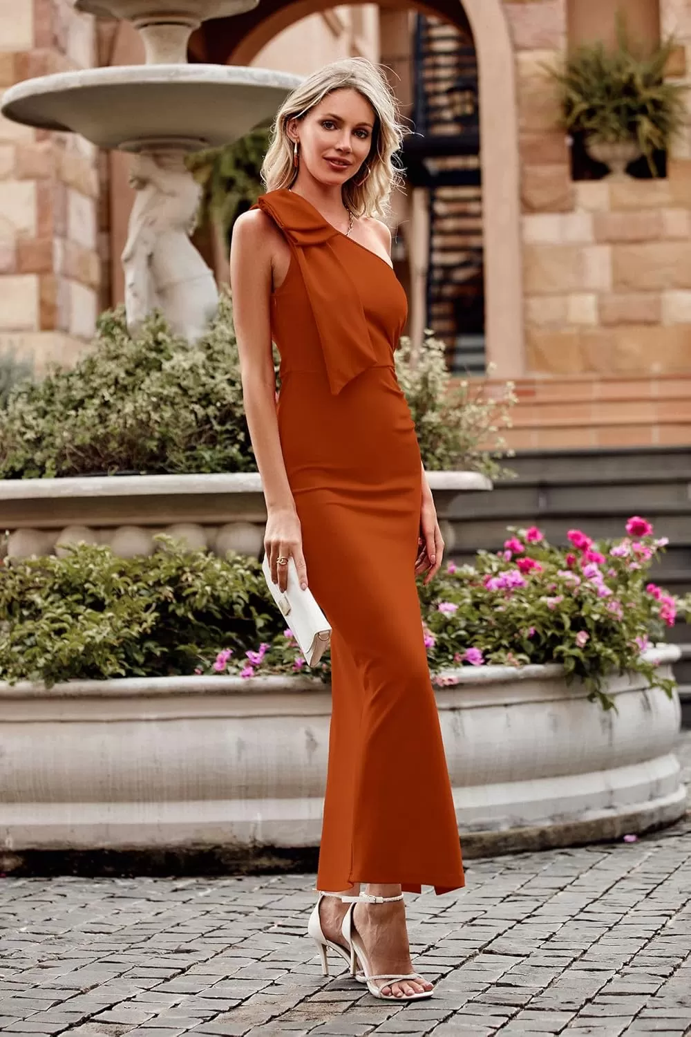 imagePRETTYGARDEN Womens Summer One Shoulder Long Formal Dresses Sleeveless Ruched Bodycon Wedding Guest Slit Maxi DressBrown
