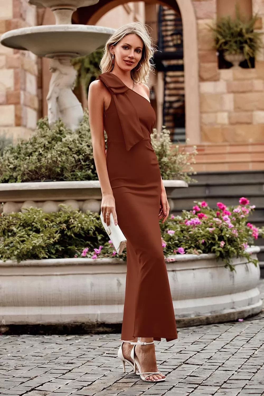 imagePRETTYGARDEN Womens Summer One Shoulder Long Formal Dresses Sleeveless Ruched Bodycon Wedding Guest Slit Maxi DressCoffee