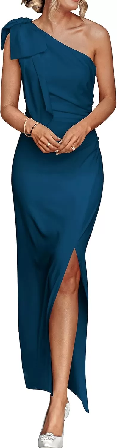 imagePRETTYGARDEN Womens Summer One Shoulder Long Formal Dresses Sleeveless Ruched Bodycon Wedding Guest Slit Maxi DressDark Blue