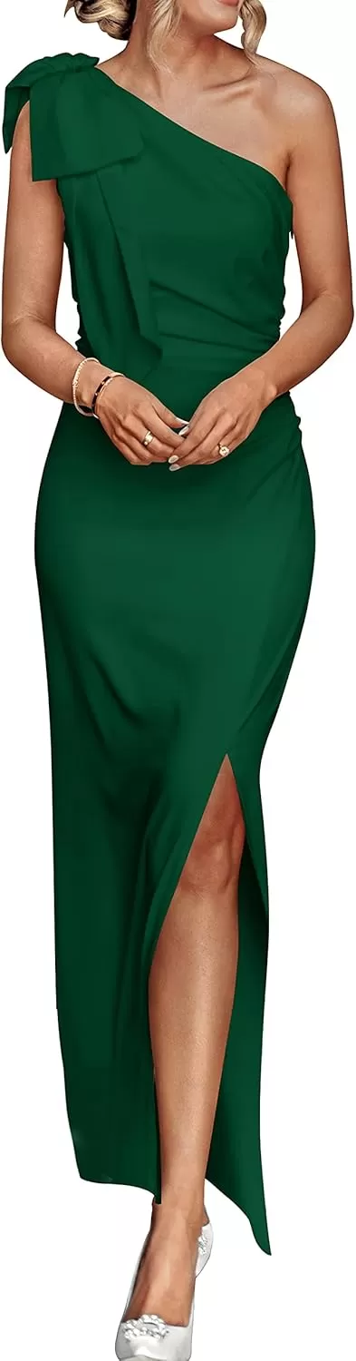 imagePRETTYGARDEN Womens Summer One Shoulder Long Formal Dresses Sleeveless Ruched Bodycon Wedding Guest Slit Maxi DressDark Green