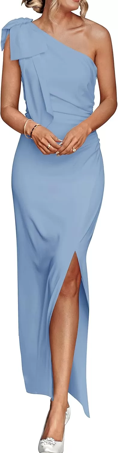 imagePRETTYGARDEN Womens Summer One Shoulder Long Formal Dresses Sleeveless Ruched Bodycon Wedding Guest Slit Maxi DressGrey Blue