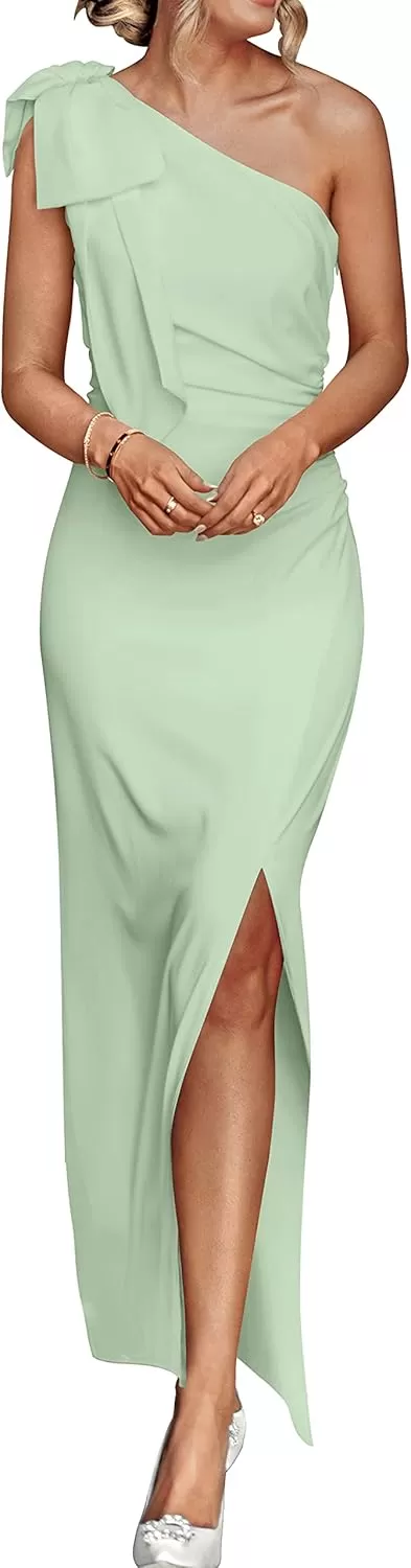 imagePRETTYGARDEN Womens Summer One Shoulder Long Formal Dresses Sleeveless Ruched Bodycon Wedding Guest Slit Maxi DressLight Green
