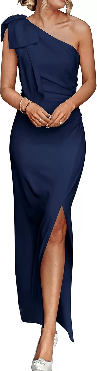 imagePRETTYGARDEN Womens Summer One Shoulder Long Formal Dresses Sleeveless Ruched Bodycon Wedding Guest Slit Maxi DressNavy