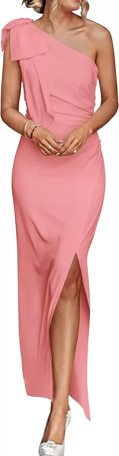 imagePRETTYGARDEN Womens Summer One Shoulder Long Formal Dresses Sleeveless Ruched Bodycon Wedding Guest Slit Maxi DressNude Pink