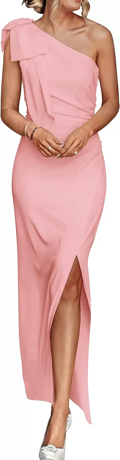 imagePRETTYGARDEN Womens Summer One Shoulder Long Formal Dresses Sleeveless Ruched Bodycon Wedding Guest Slit Maxi DressPink