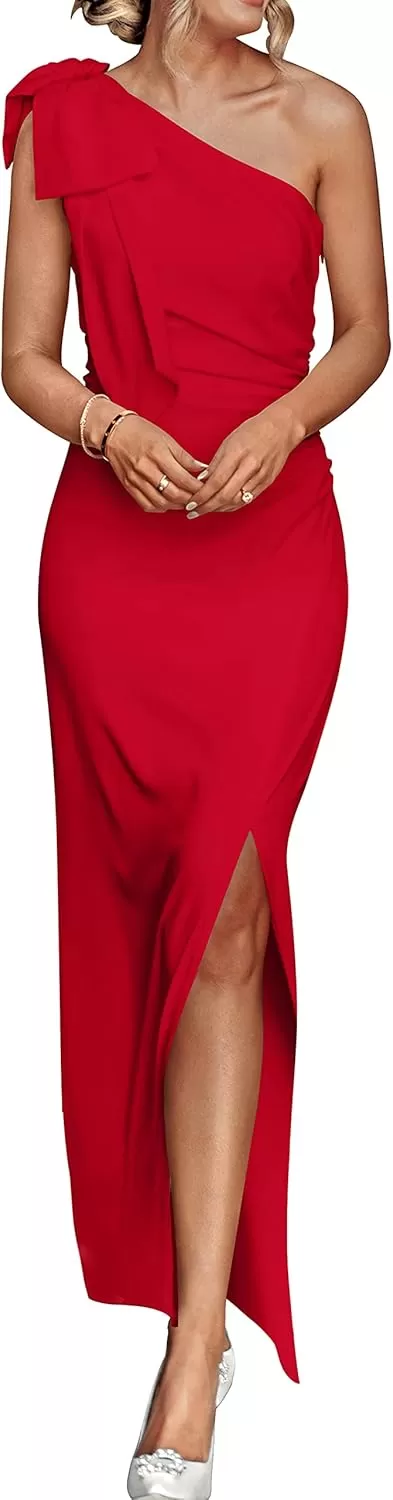 imagePRETTYGARDEN Womens Summer One Shoulder Long Formal Dresses Sleeveless Ruched Bodycon Wedding Guest Slit Maxi DressRed