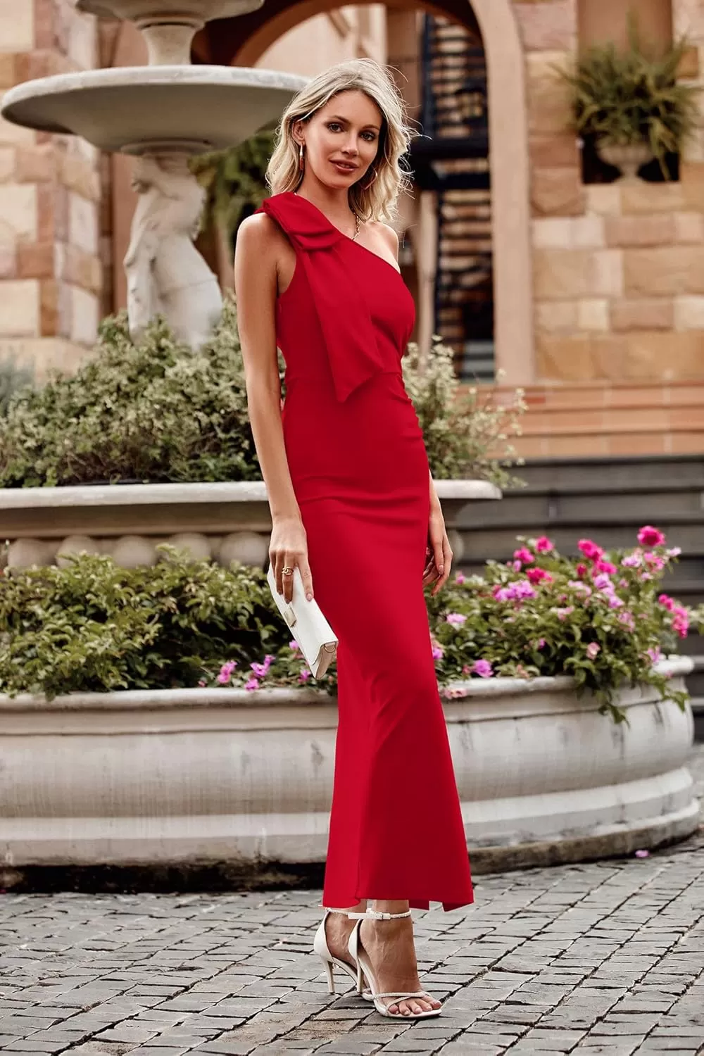 imagePRETTYGARDEN Womens Summer One Shoulder Long Formal Dresses Sleeveless Ruched Bodycon Wedding Guest Slit Maxi DressRed