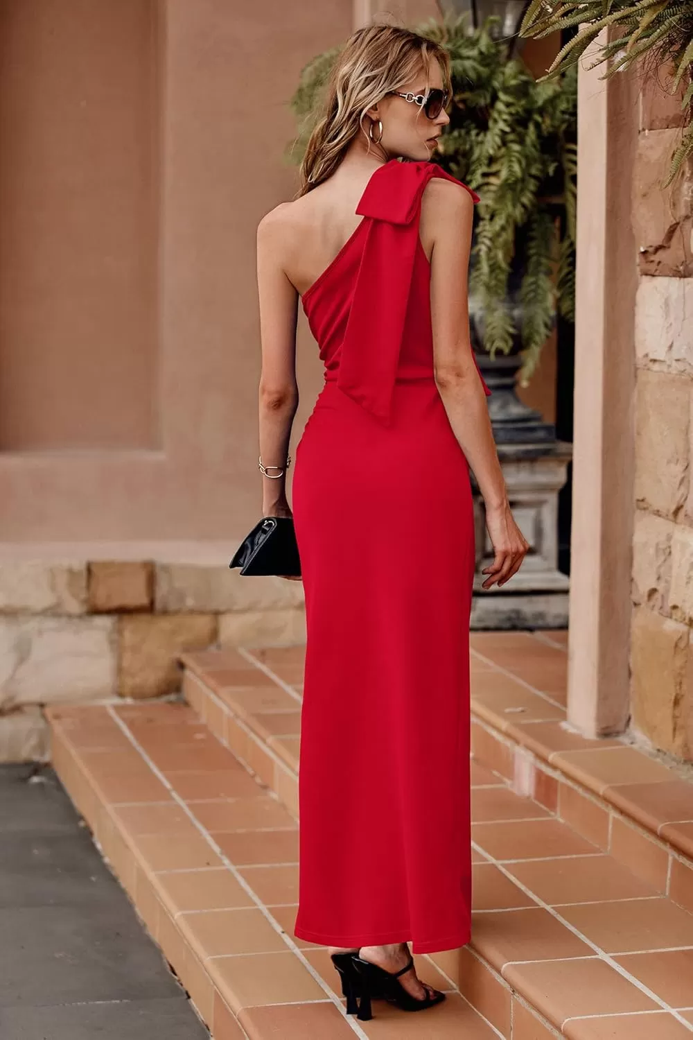 imagePRETTYGARDEN Womens Summer One Shoulder Long Formal Dresses Sleeveless Ruched Bodycon Wedding Guest Slit Maxi DressRed