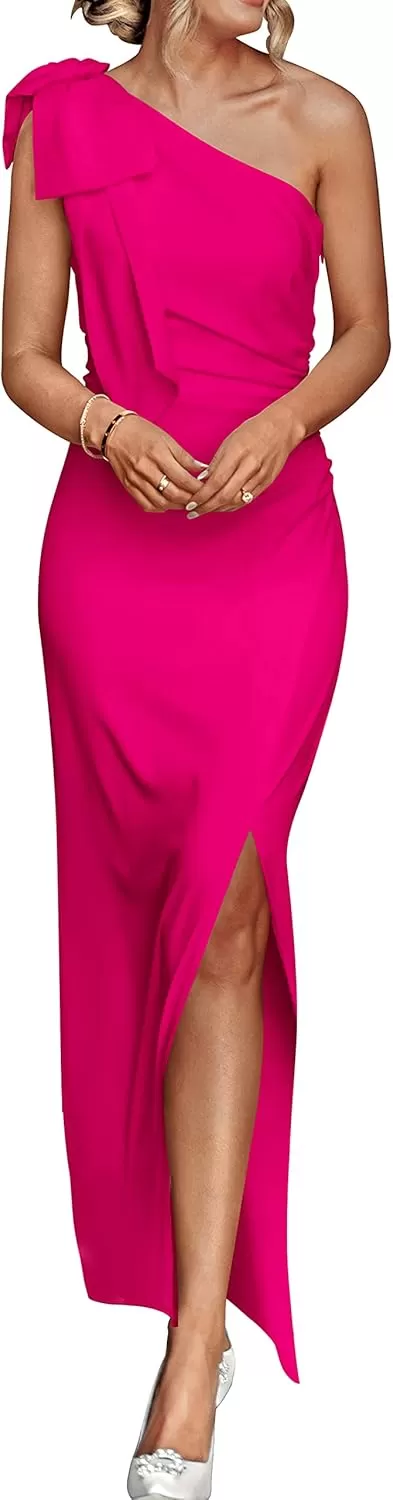 imagePRETTYGARDEN Womens Summer One Shoulder Long Formal Dresses Sleeveless Ruched Bodycon Wedding Guest Slit Maxi DressRose Red