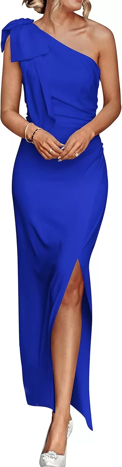 imagePRETTYGARDEN Womens Summer One Shoulder Long Formal Dresses Sleeveless Ruched Bodycon Wedding Guest Slit Maxi DressRoyal Blue